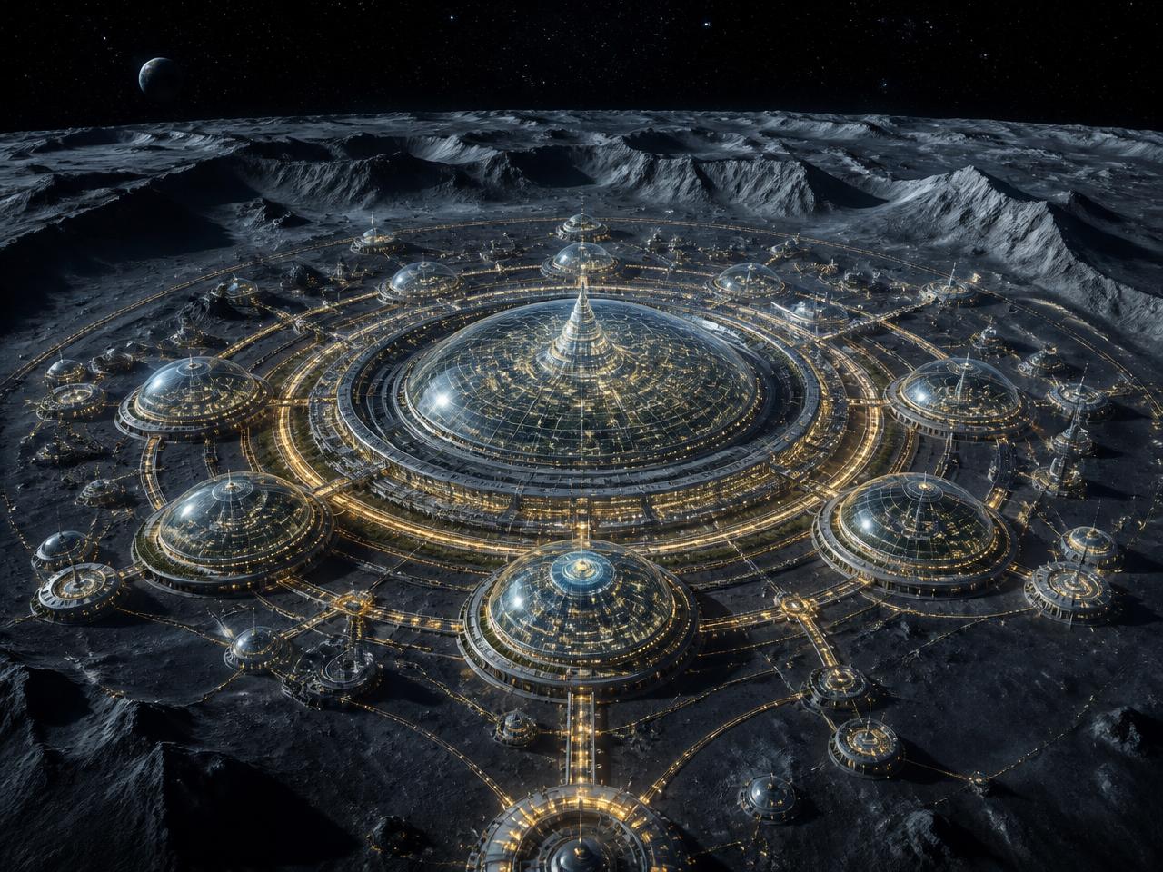 Aerial view of Goofo: concentric glass domes lit with gold light across the lunar surface