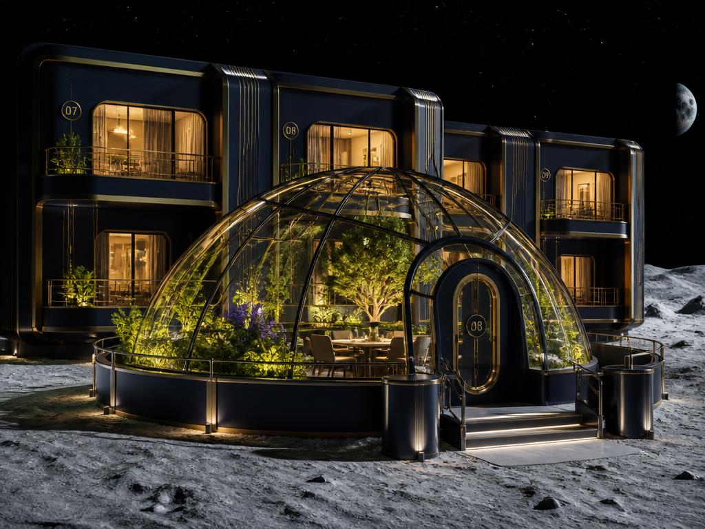 Lunar townhouse at night with a glass-domed garden courtyard full of plants