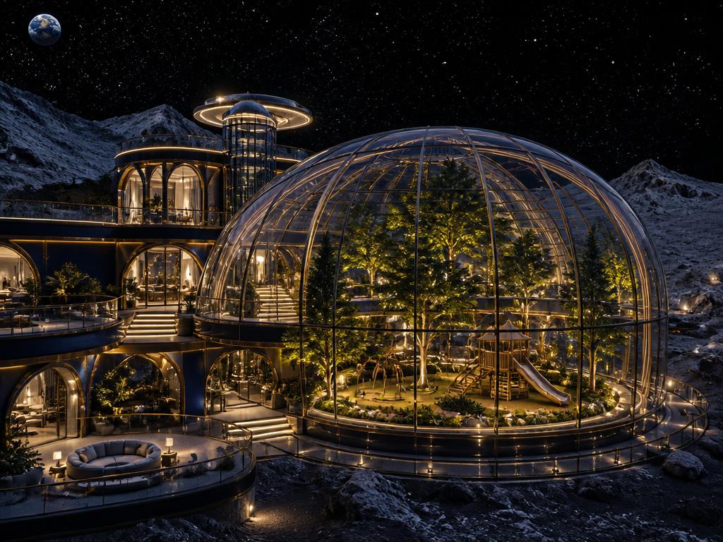 Large lunar villa with a panoramic dome garden and a children's playground inside